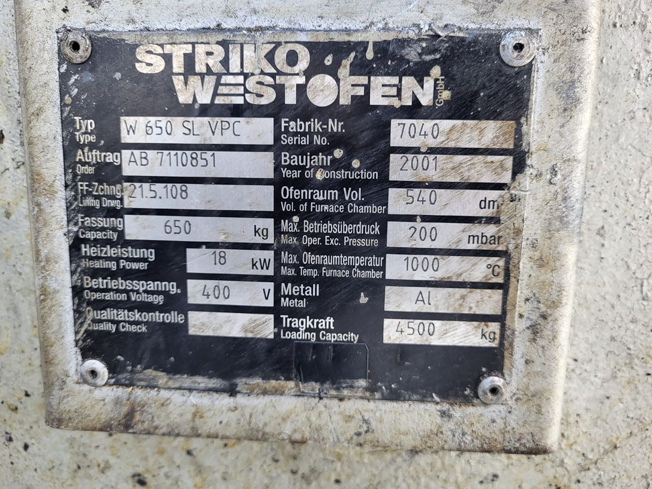 StrikoWestofen W 650 SL ProDos Dosing Furnace O1749, used